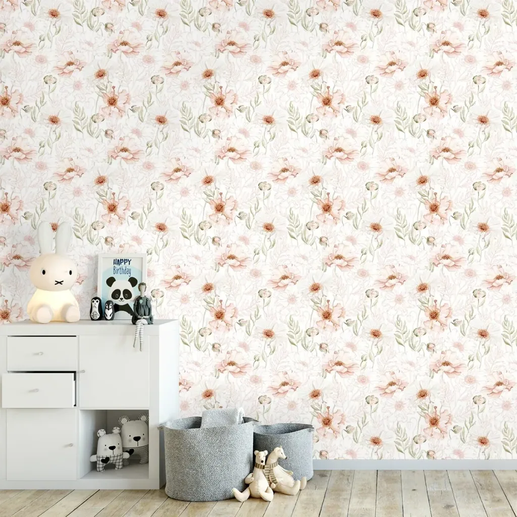 Lilipinso behang, kinderkamer muurontwerp, panorama, roze klaprozen 50 cm x 10 m