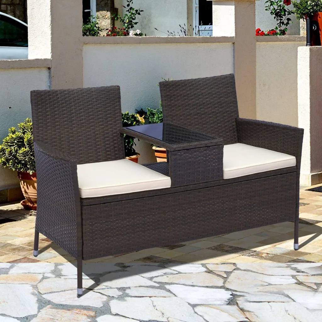 Polyrattan garden bench garden sofa with table 2-seater steel