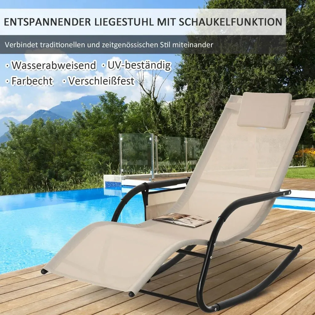 Rocking chair, swing chair, garden chair, rocking lounger, metal mesh, black + beige, 150 x 62 x 88 cm