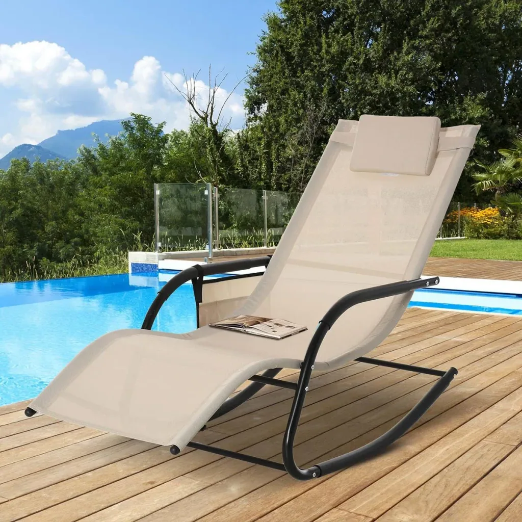 Rocking chair, swing chair, garden chair, rocking lounger, metal mesh, black + beige, 150 x 62 x 88 cm