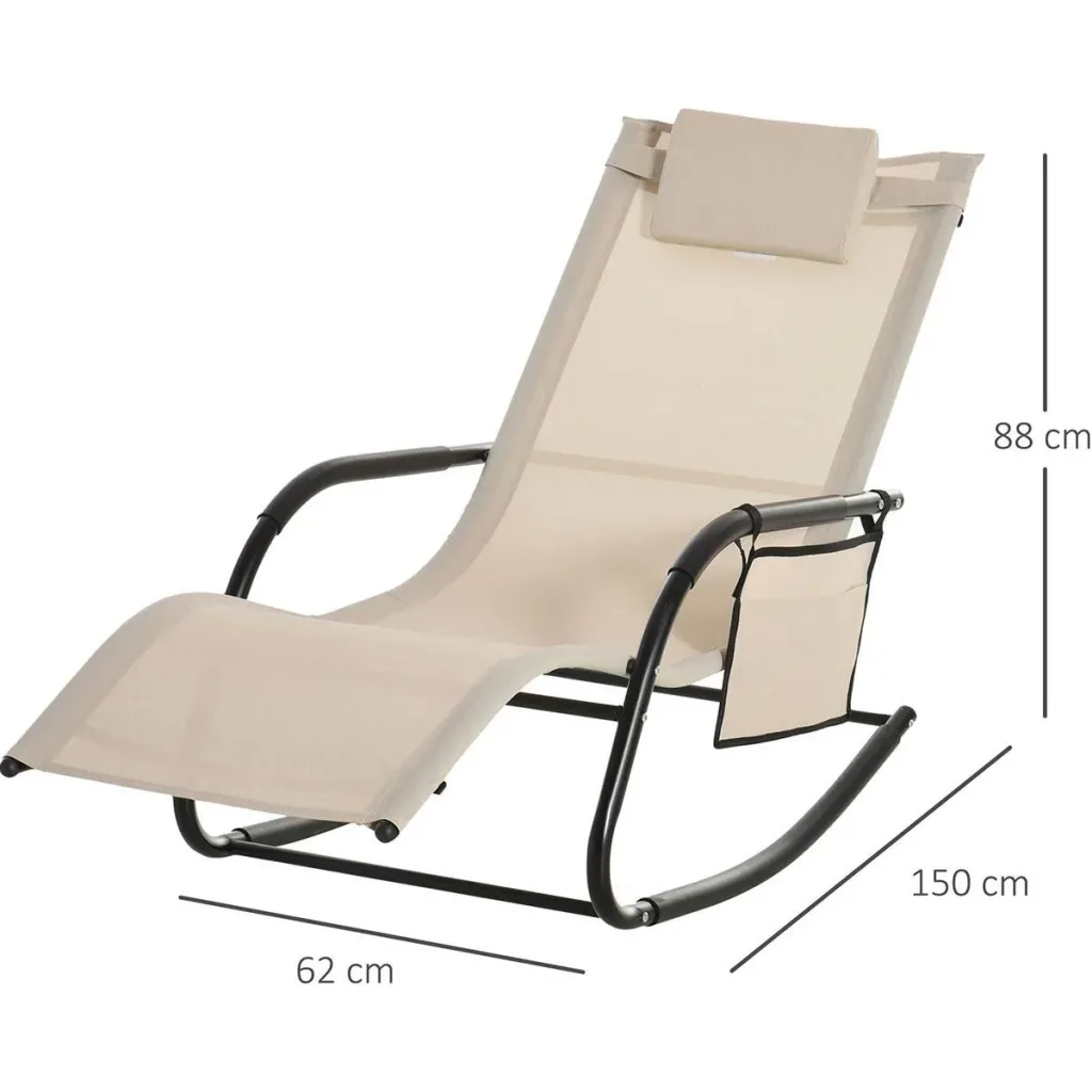 Rocking chair, swing chair, garden chair, rocking lounger, metal mesh, black + beige, 150 x 62 x 88 cm