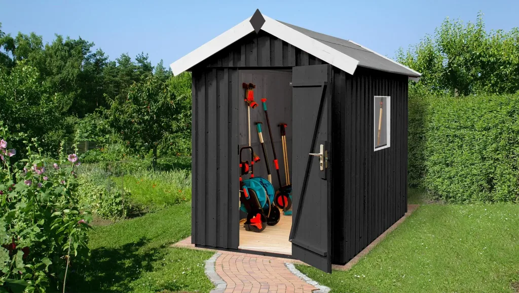 Swedish house size 1, L x W x H 200 x 208 x 220 cm, rough-sawn, anthracite, with single door and window