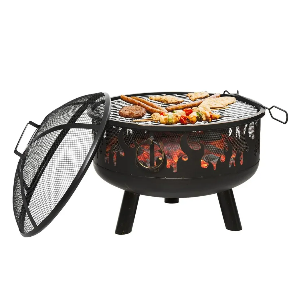 2-in-1 fire bowl fire basket fire pit with spark guard grill grate garden BBQ black Ø61.5 x 52H cm