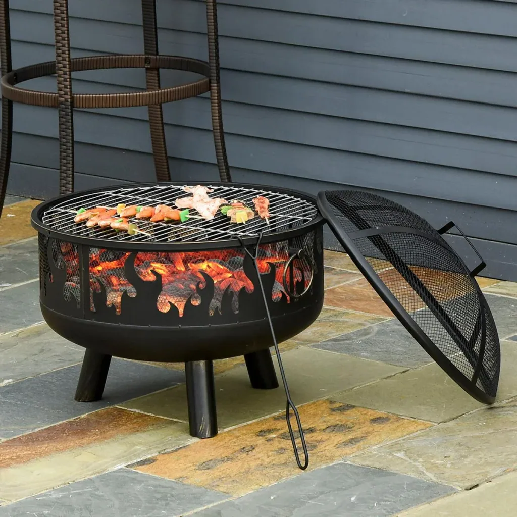 2-in-1 fire bowl fire basket fire pit with spark guard grill grate garden BBQ black Ø61.5 x 52H cm