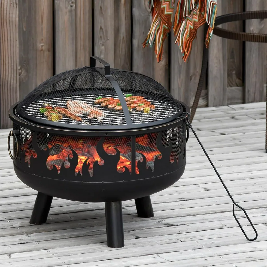 2-in-1 fire bowl fire basket fire pit with spark guard grill grate garden BBQ black Ø61.5 x 52H cm