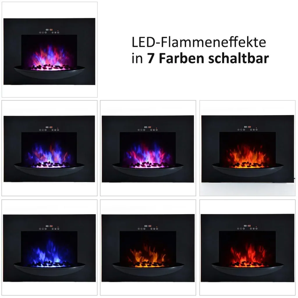 Electric fireplace wall fireplace 1800 Watt 7 colors LED flame illusion black