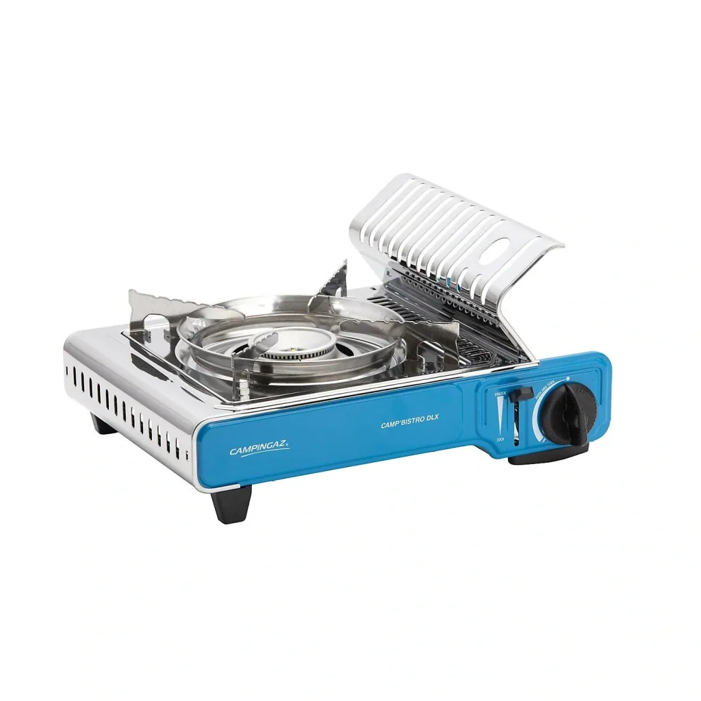 Camp'Bistro DLX camping stove with piezo ignition and overheat protection, stainless steel insert, including carrying case