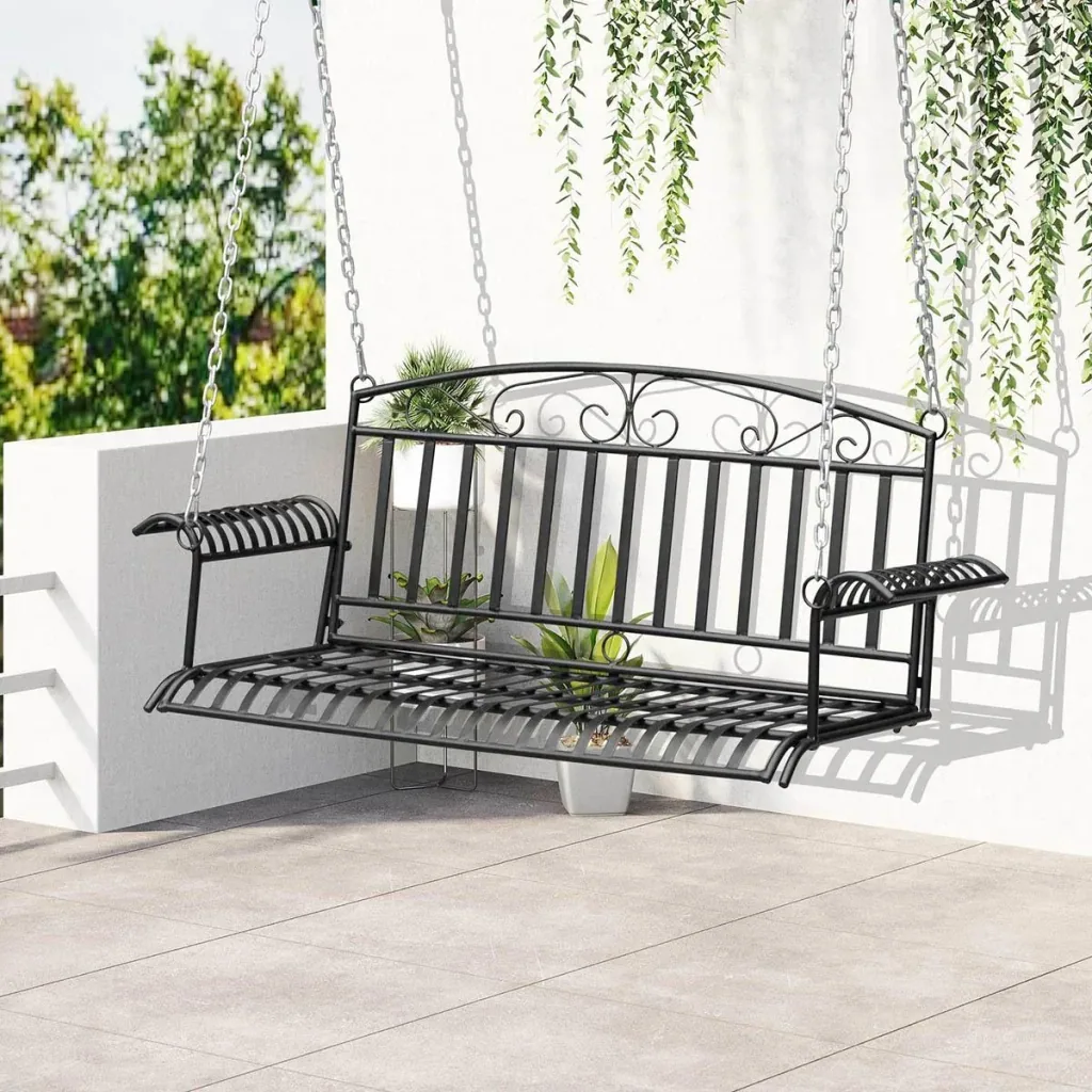 Metal wall mount 2-seater garden swing with chains Black 137 x 58 x 52 cm