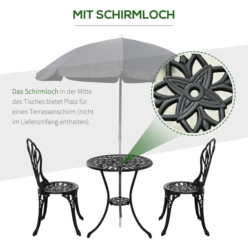 Balcony set 3-piece with umbrella hole in the table black
