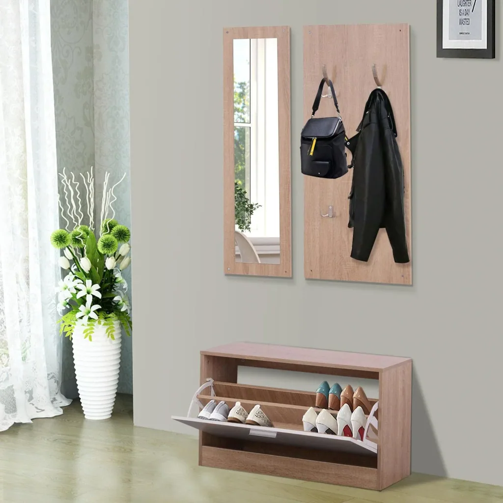 3-piece wardrobe set hallway wardrobe with shoe cabinet wardrobe wall mirror 4 hooks natural 30 x 100 cm