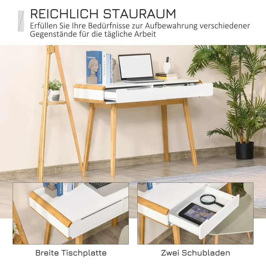 Desk with drawers white+natural