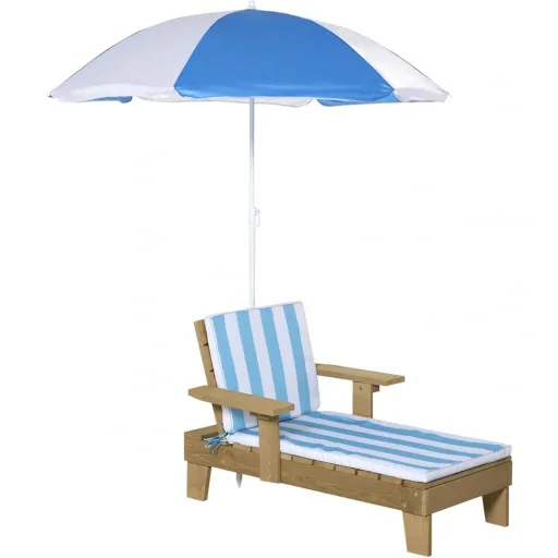 Children's sun lounger with parasol natural, blue, white