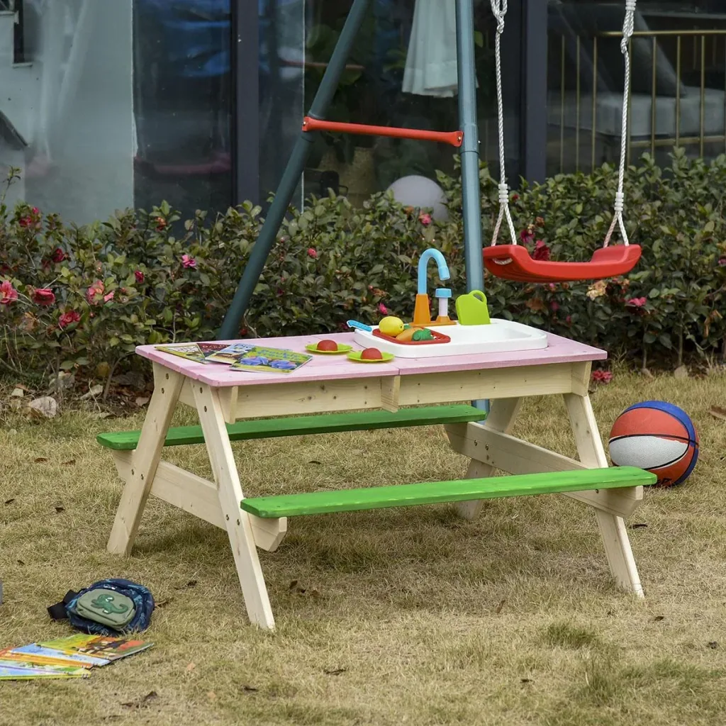 2-in-1 children's camping table with 2 benches, mud kitchen, play table with tap, wooden play table for children 3-7 years F