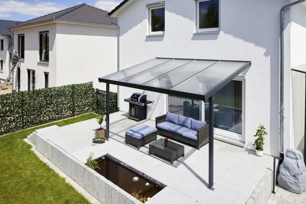 Patio roof Premium, anthracite, 4102 x 3060 mm - Polycarbonate multi-wall sheets 16 mm, clear