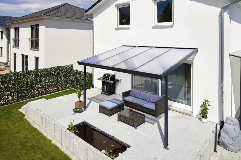 Patio roof Premium, anthracite, 4102 x 3060 mm - Polycarbonate multi-wall sheets 16 mm, clear