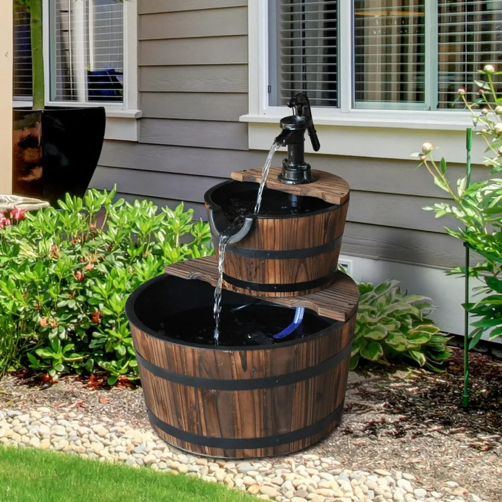2-tiered garden fountain, indoor fountain, water feature, cascade fountain, fir wood, dark brown