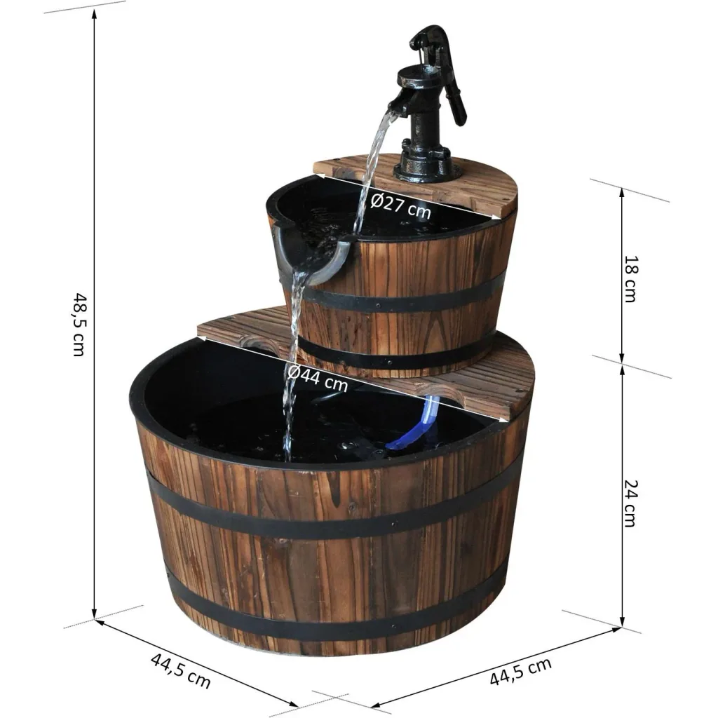 2-tiered garden fountain, indoor fountain, water feature, cascade fountain, fir wood, dark brown