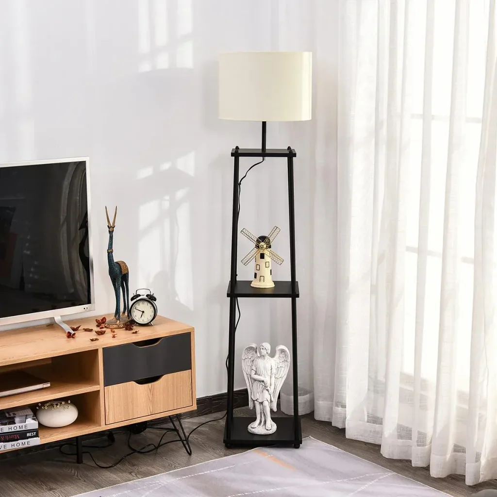 Floor lamp with shelf black+cream white