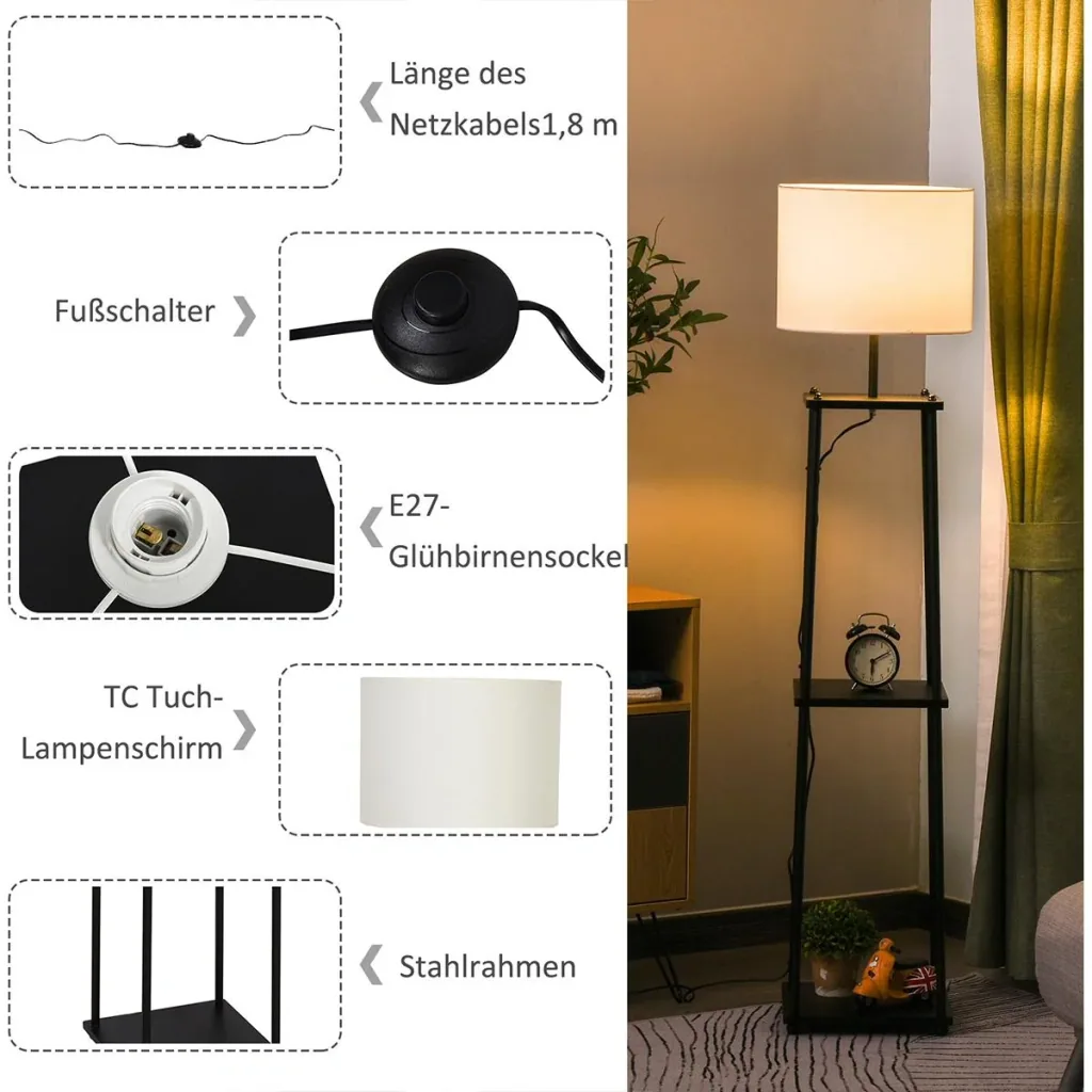 Floor lamp with shelf black+cream white