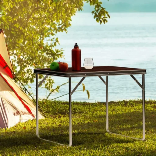 Folding camping table wood look aluminum 80x60x70cm