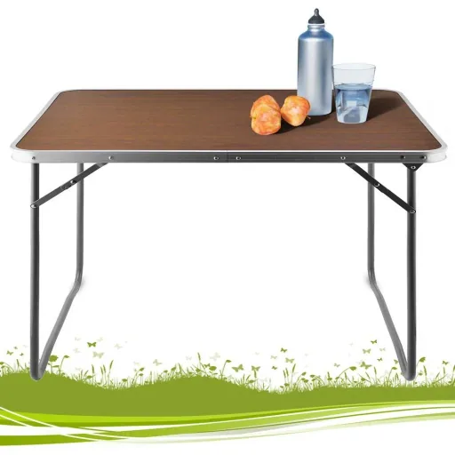 Folding camping table wood look aluminum 80x60x70cm