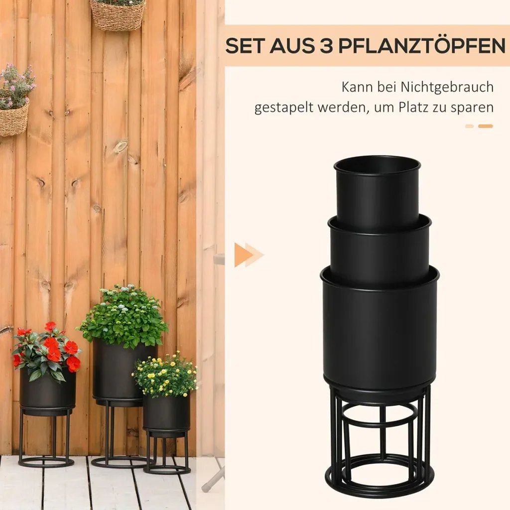 Set of 3 flower stands with flower pot made of metal plant stand set flower stool flower pot holder plant stool black