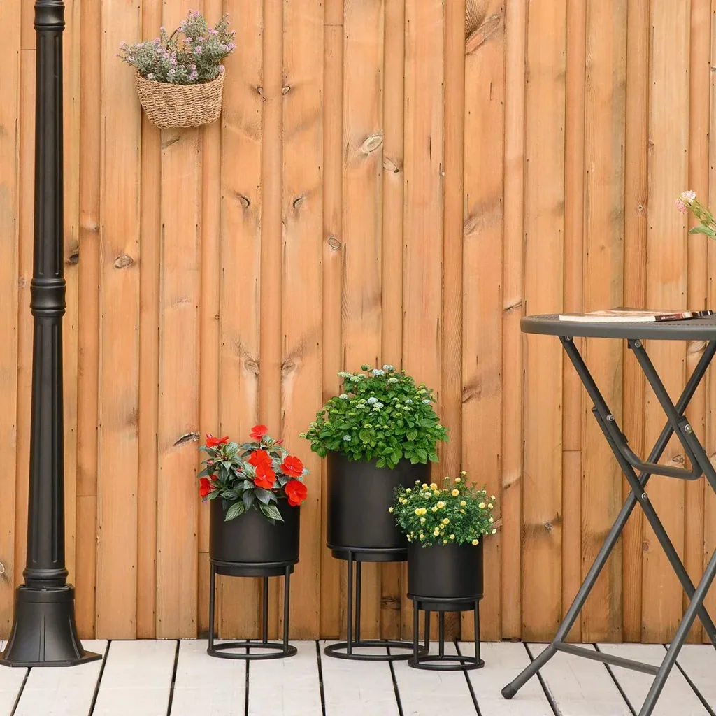 Set of 3 flower stands with flower pot made of metal plant stand set flower stool flower pot holder plant stool black
