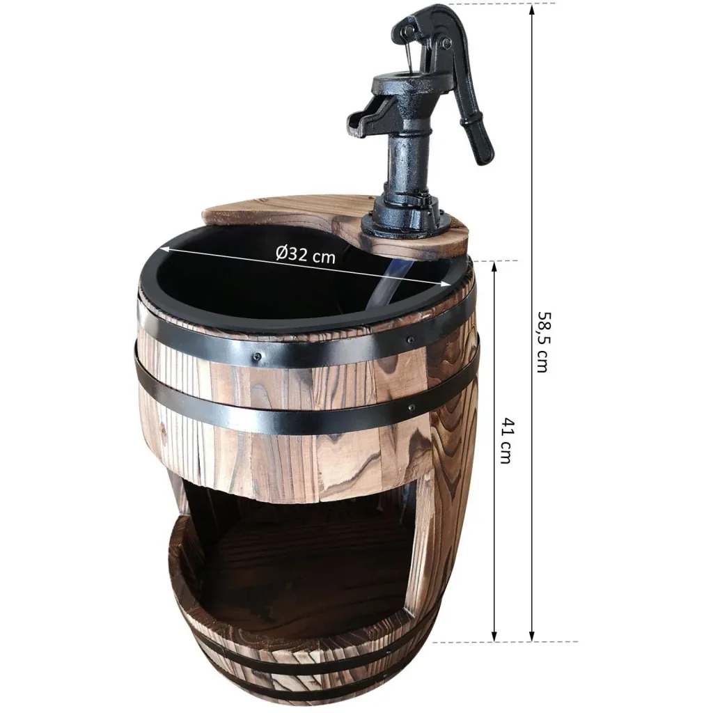 Garden fountain, decorative fountain, waterfall, wooden barrel with plant pot, dark brown, 32 x 58.5 cm