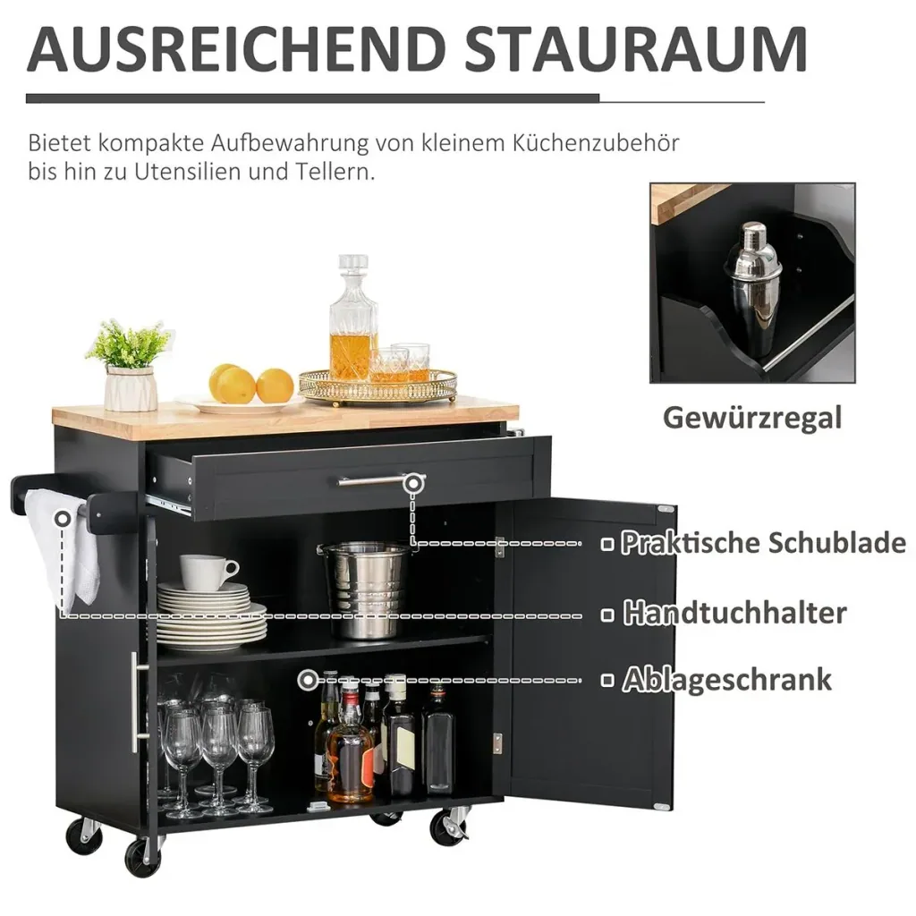 Kitchen trolley on wheels, serving trolley with height-adjustable shelves, MDF, black, 109 x 40 x 89 cm