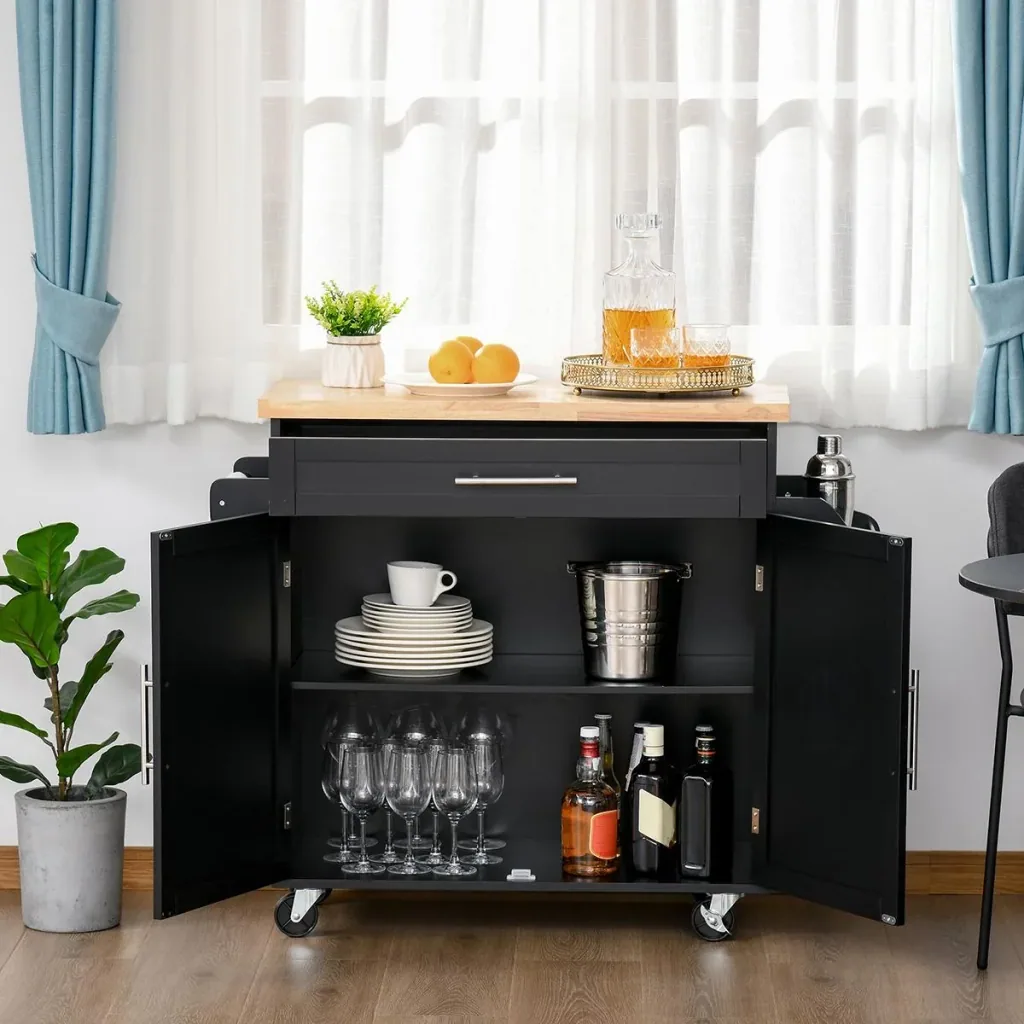 Kitchen trolley on wheels, serving trolley with height-adjustable shelves, MDF, black, 109 x 40 x 89 cm