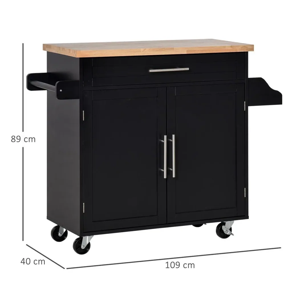 Kitchen trolley on wheels, serving trolley with height-adjustable shelves, MDF, black, 109 x 40 x 89 cm