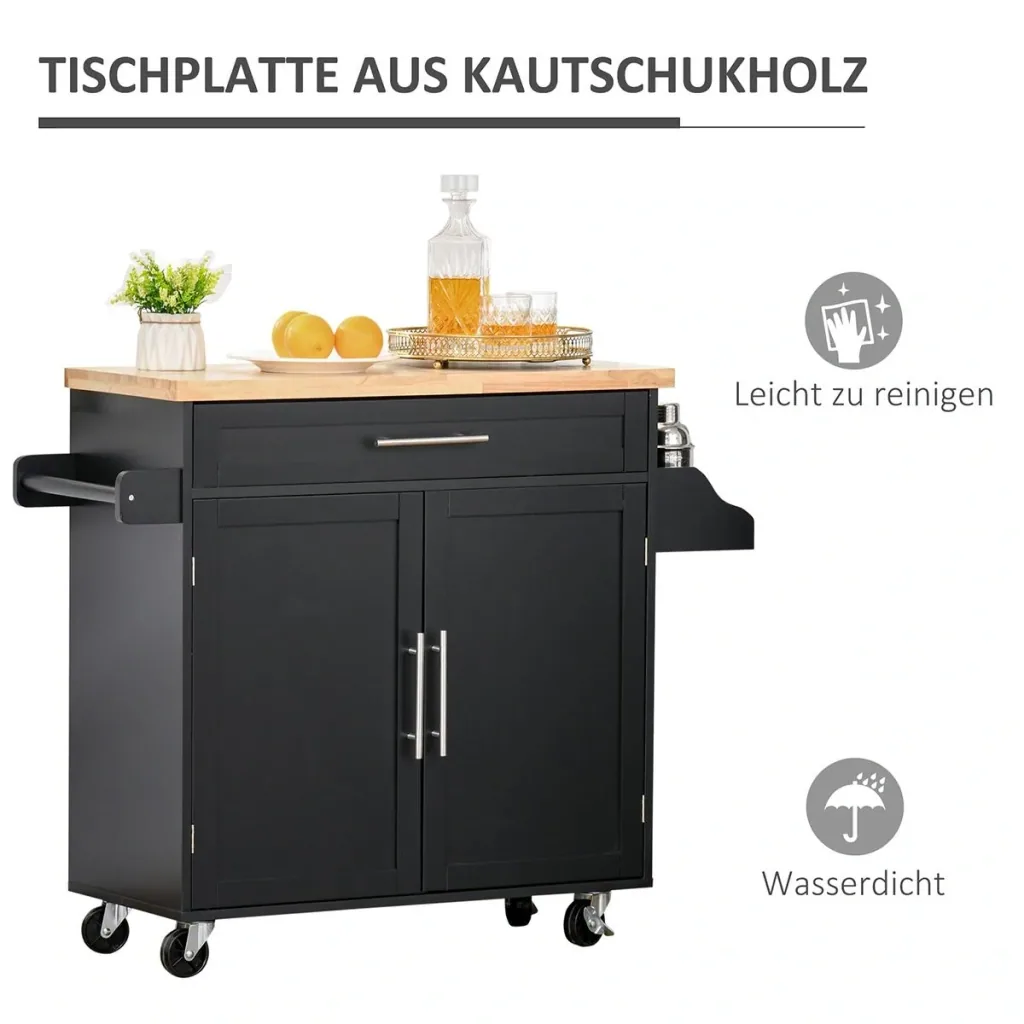 Kitchen trolley on wheels, serving trolley with height-adjustable shelves, MDF, black, 109 x 40 x 89 cm
