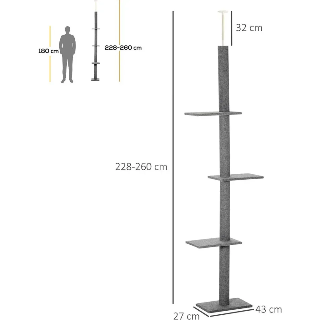 Scratching post cat tree climbing tree for cats height adjustable play tree gray 43x27x228-260 cm