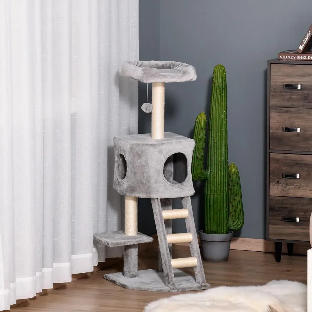Scratching post with cat cave ladder cat tree climbing tree for cats multi-level multi-activity center E1 MDF sisal light