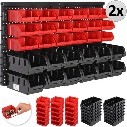 Wall shelf with 60 stacking boxes and 4 wall panels 32x38x2 cm each