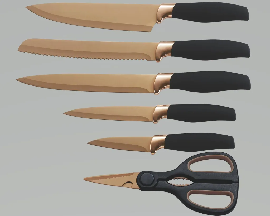 Knife set "Titanium Rosé", including universal scissors, rose gold/black, 6-piece
