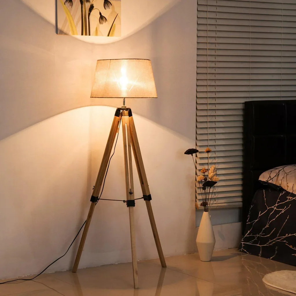 Floor lamp tripod height adjustable 99-143cm E27 pine beige