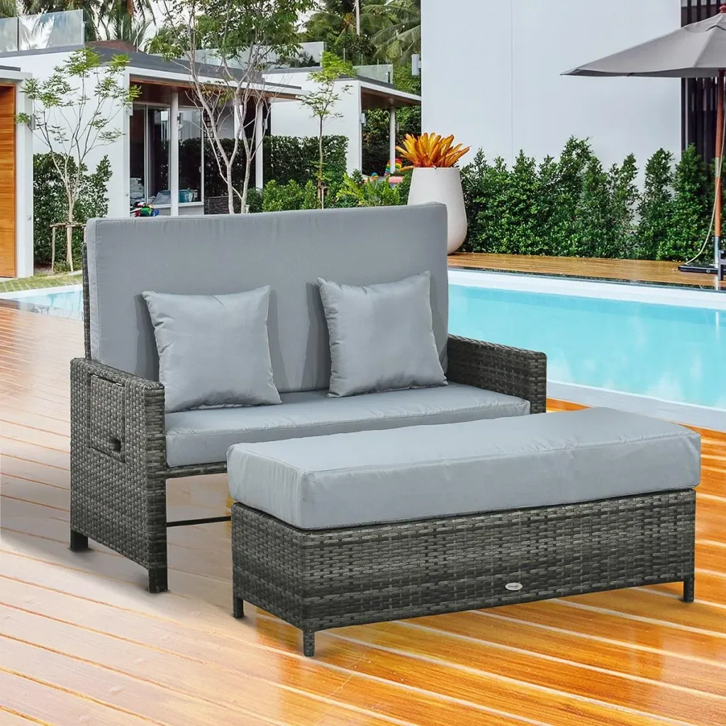 Polyrattan lounge sofa garden sofa garden lounger 2-seater with cushion stool gray