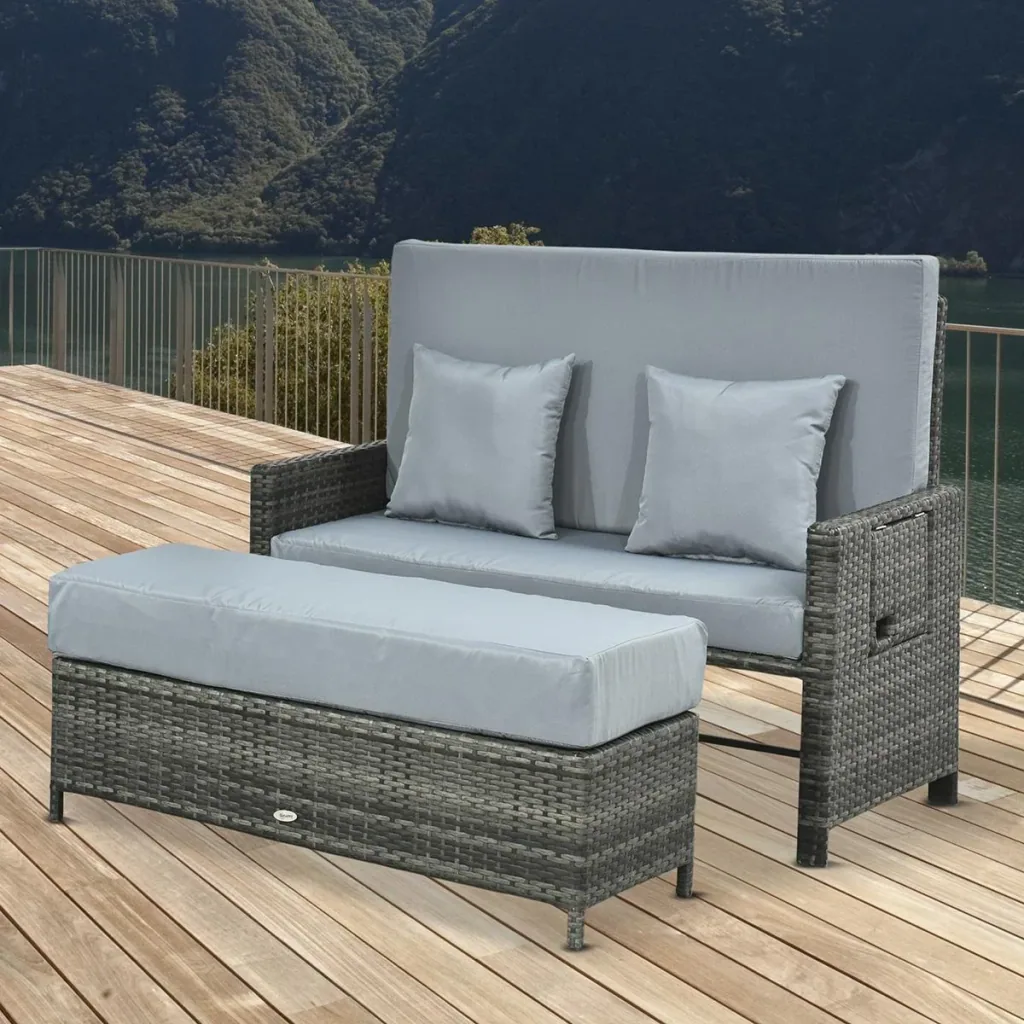Polyrattan lounge sofa garden sofa garden lounger 2-seater with cushion stool gray