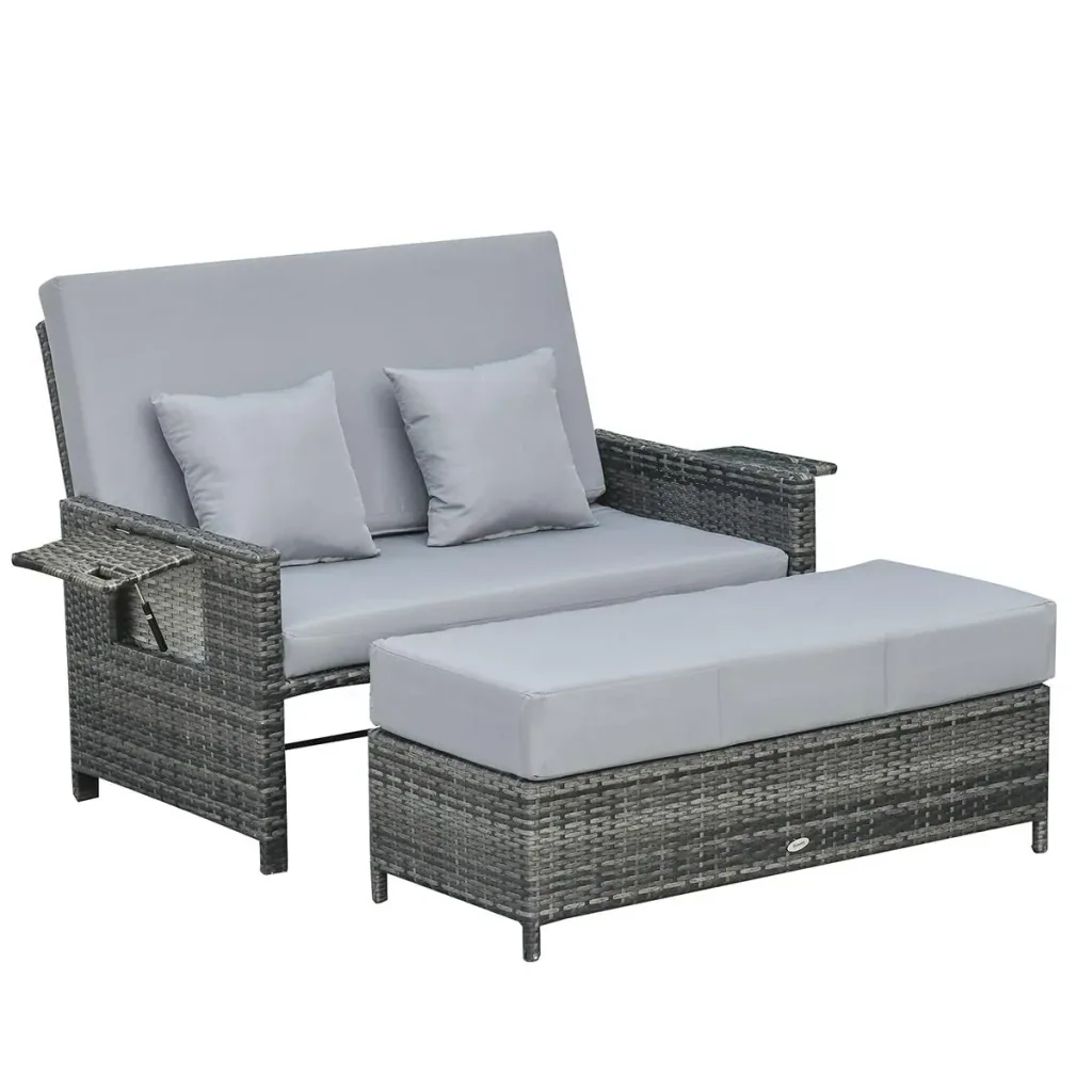 Polyrattan lounge sofa garden sofa garden lounger 2-seater with cushion stool gray
