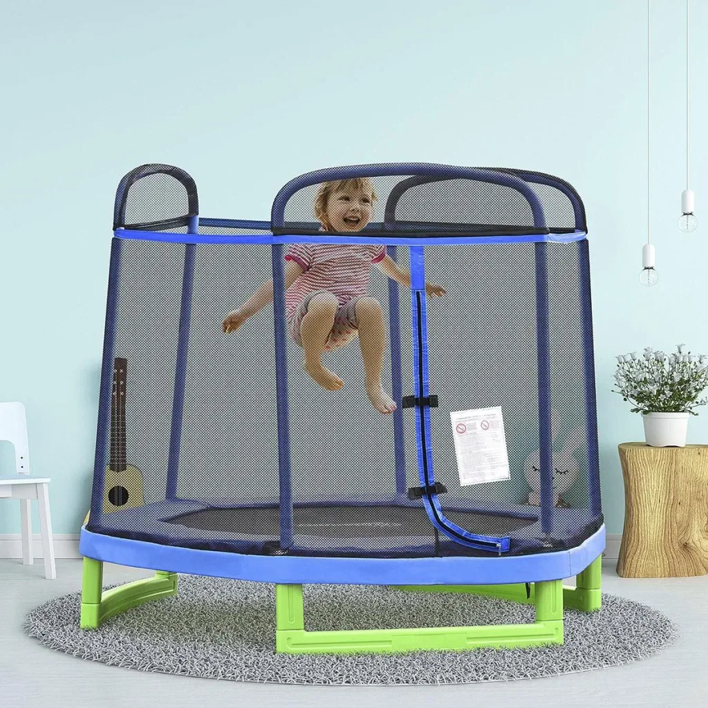 Children's trampoline with safety net indoor trampoline fitness trampoline for 3-12 years children up to 80 kg steel blue+green 21