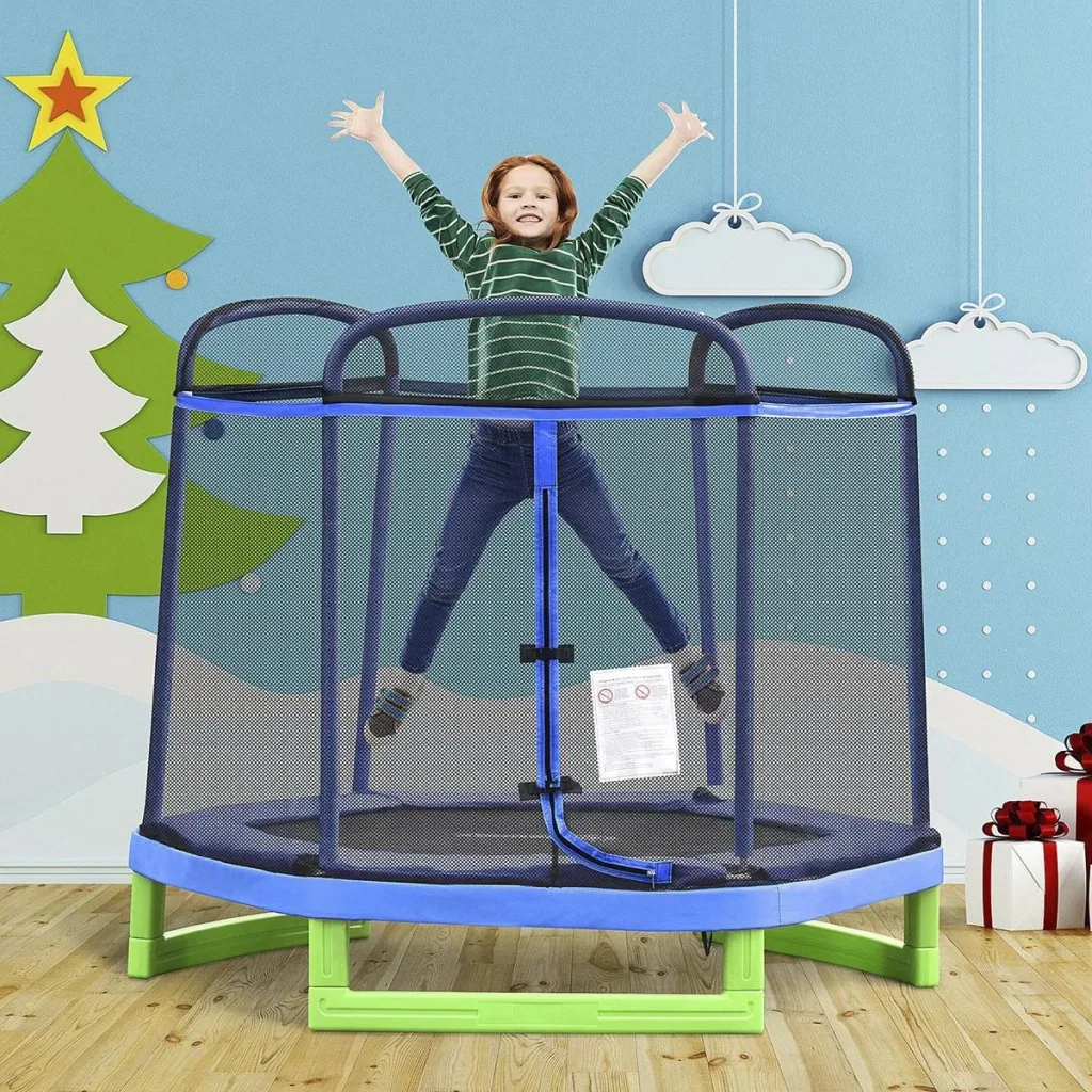 Children's trampoline with safety net indoor trampoline fitness trampoline for 3-12 years children up to 80 kg steel blue+green 21