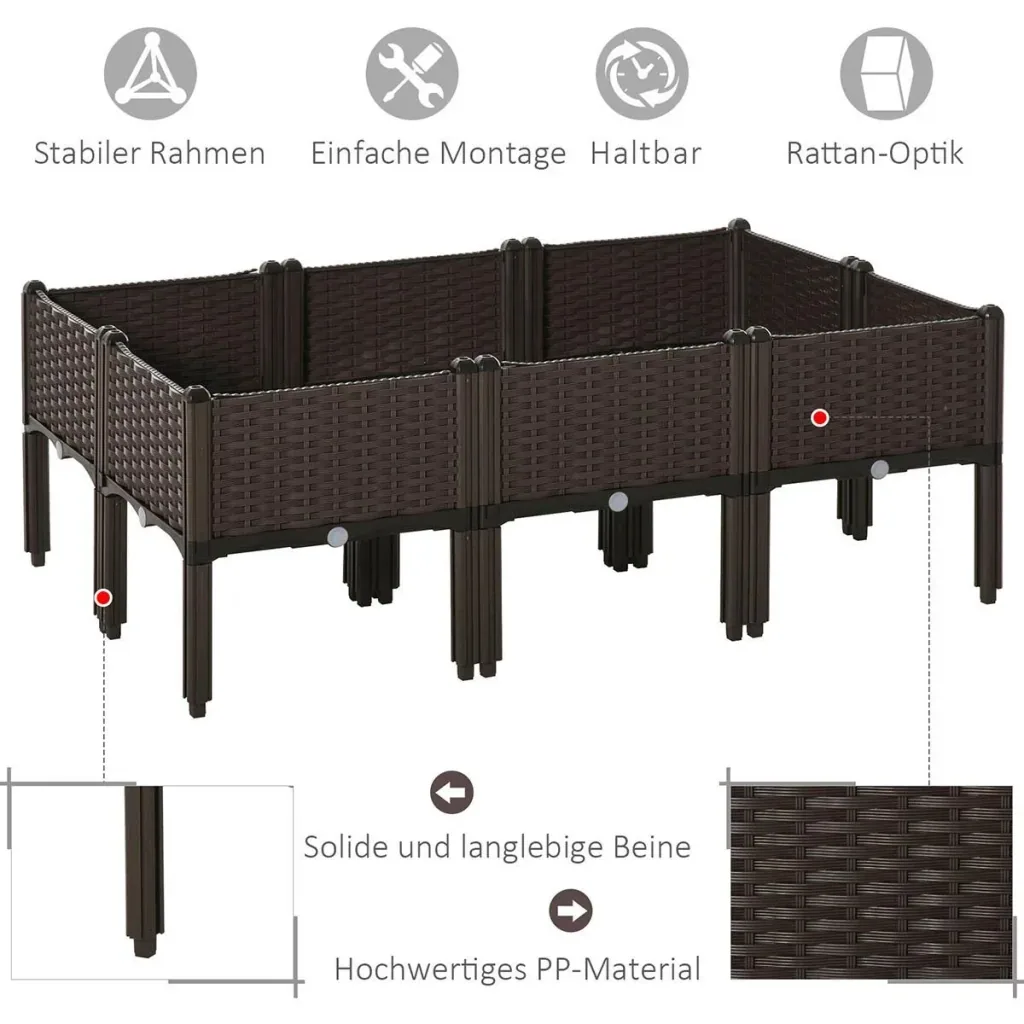 Raised bed 6-part planter with drainage holes rattan look flower box DIY brown 40 x 40 x 44 cm
