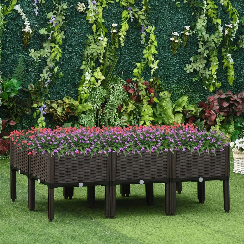 Raised bed 6-part planter with drainage holes rattan look flower box DIY brown 40 x 40 x 44 cm