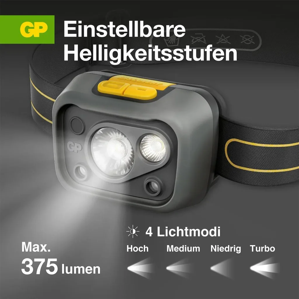 DISCOVERY headlamp with motion sensor and 375 lumens, IPX5