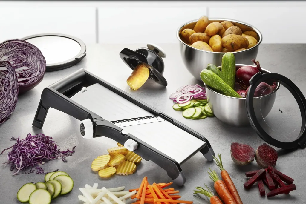 Vegetable slicer "LAOLA" stainless steel - Leftover holder - Variable vegetable cutter