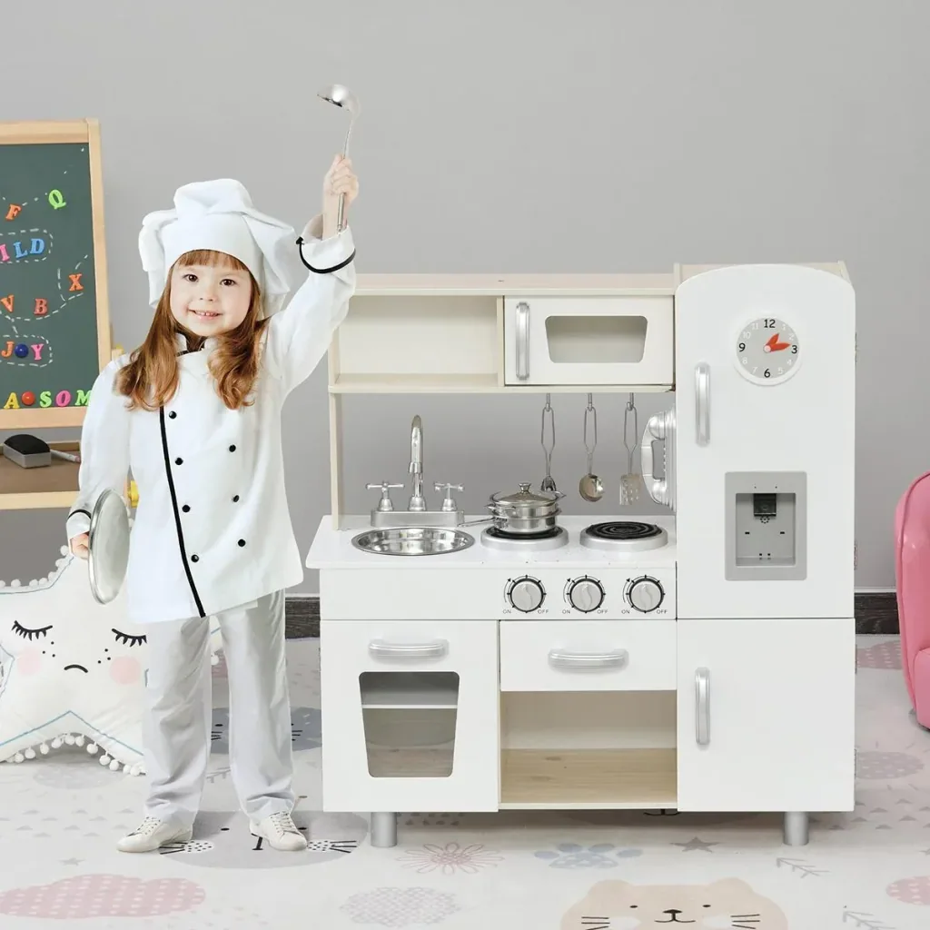 Children's kitchen with accessories, dream kitchen, play kitchen, toy kitchen for 3 years+, pine, MDF, white, 74 x 30 x 81 cm