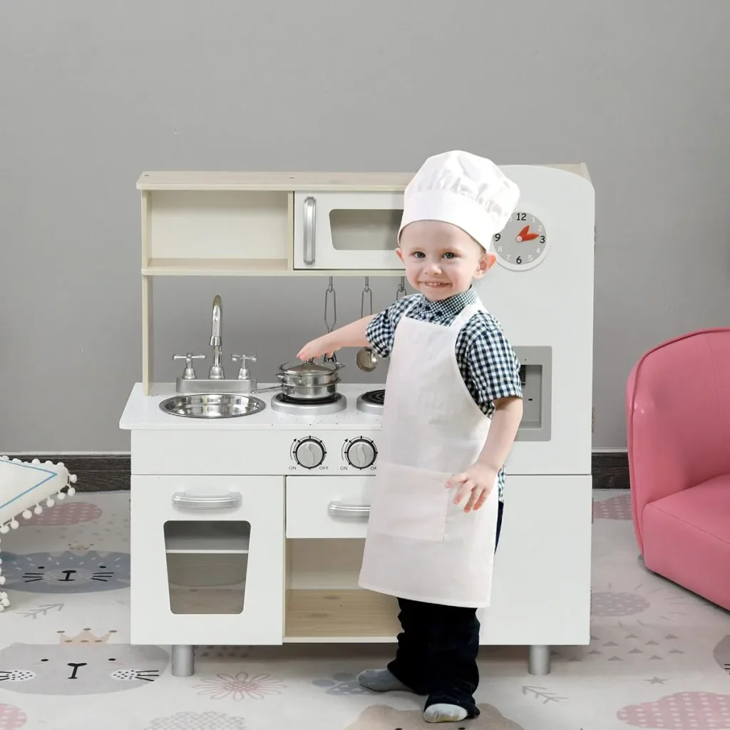 Children's kitchen with accessories, dream kitchen, play kitchen, toy kitchen for 3 years+, pine, MDF, white, 74 x 30 x 81 cm