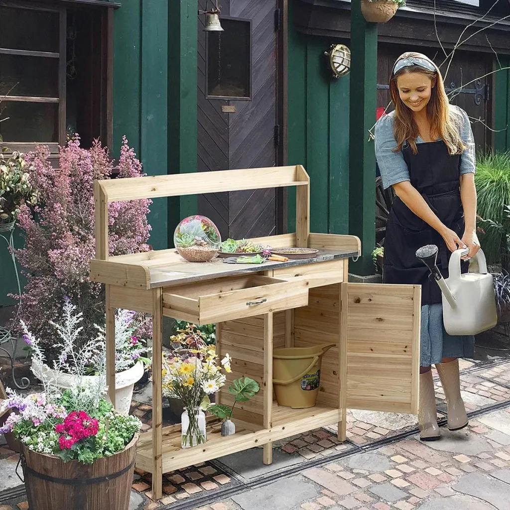 Planting table with galvanized worktop gardening table with drawer cabinet garden work table solid wood natural 112 x 4