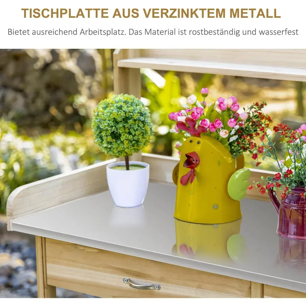 Planting table with galvanized worktop gardening table with drawer cabinet garden work table solid wood natural 112 x 4